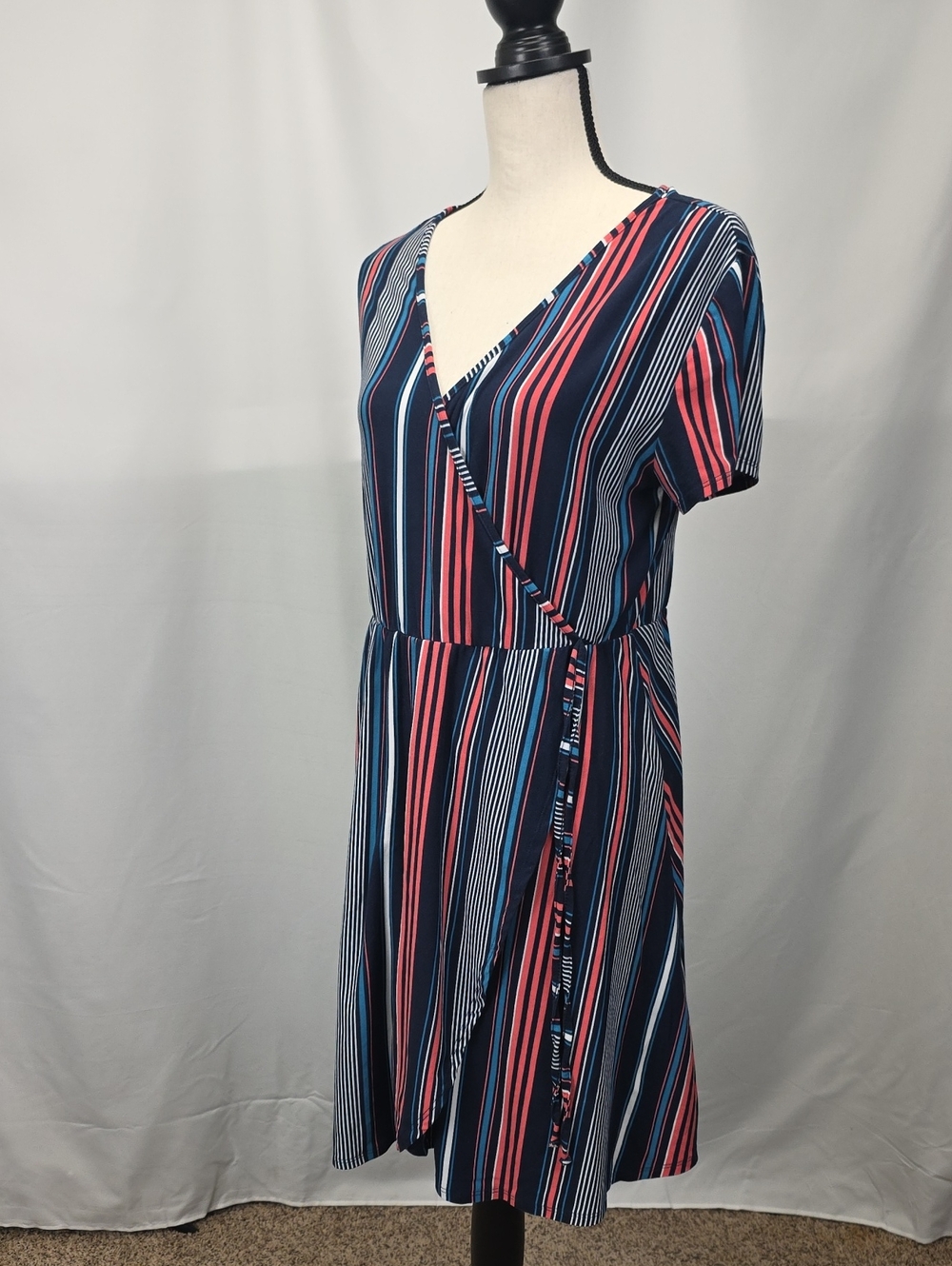 No Boundaries Navy, Pink and White Striped Wrap Mini Dress Size XL